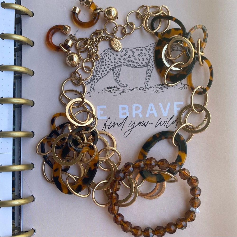 3 piece brown leopard print and gold tone jewelry set